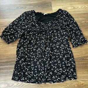 Rose & Olive Top Womens Large Sheer Layered Babydoll Blouse Black Floral Chiffon